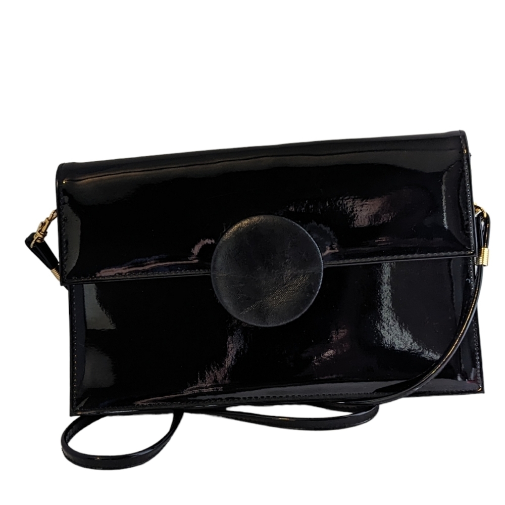 Vintage 80s Bags By Michael Black Patent Leather Geometric Handbag Purse